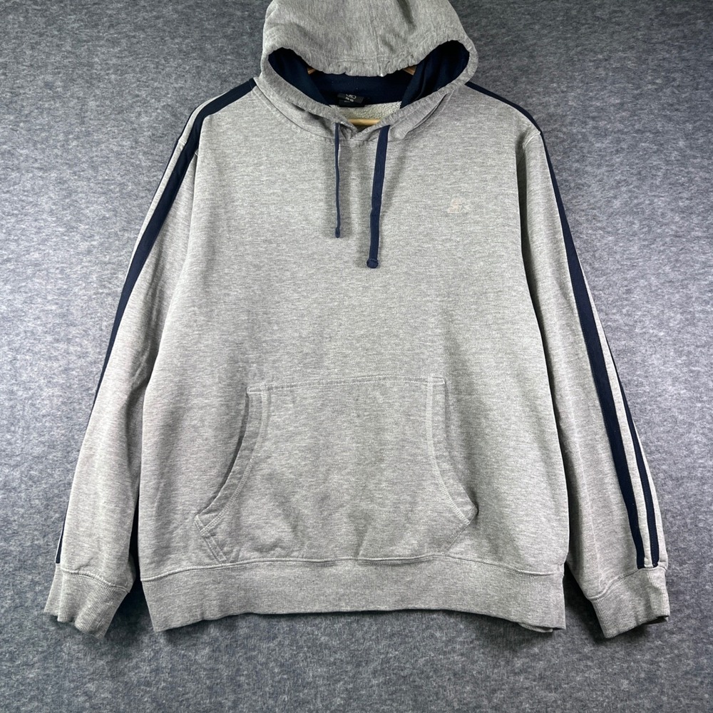Vintage Starter Mens Hoodie Gray Navy Blue Sleeve Stripes Pullover Sweatshirt XL